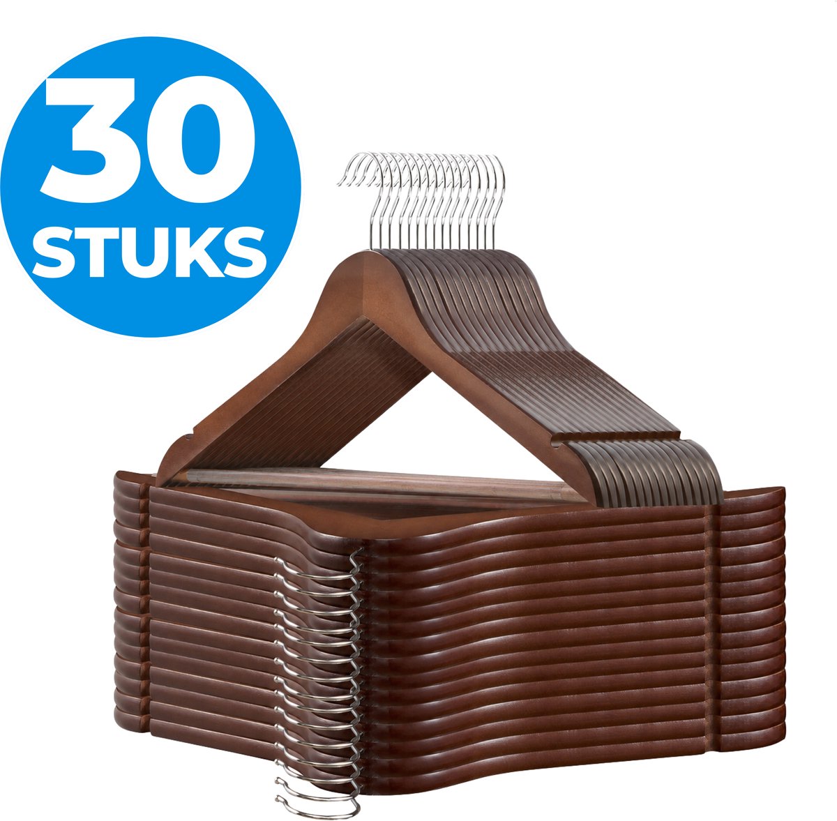 ACAZA Kledinghangers - Kleerhangers - Broekhanger - 30 Stuks - Volwassenen - 100% FSC-Gekeurd Duurzaam Hout - Anti Slip - Walnootbruin