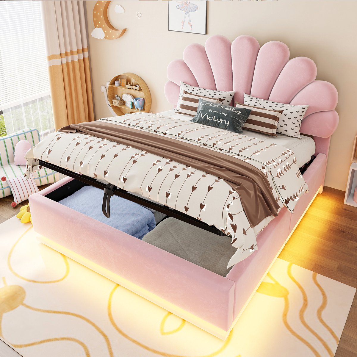 Kinderbed, Gestoffeerd Bed 140*200 cm, Bloemvormig Hoofdeinde, Hydraulische Opbergruimte, Ledverlichting En Metalen Frame, Beige Fluwelen Stof-Rosa