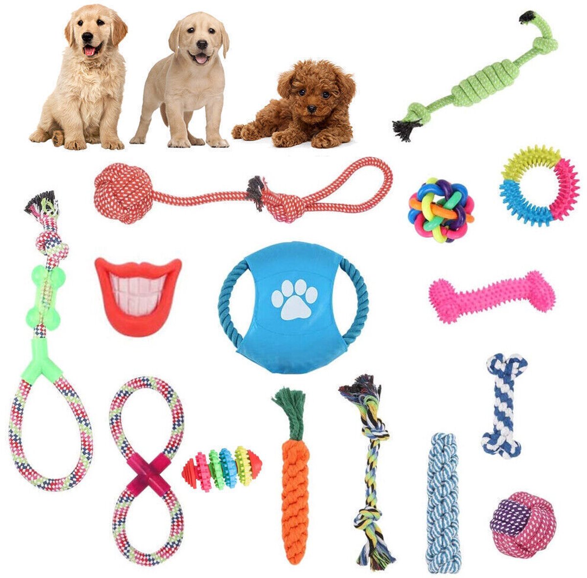 Hondenspeelgoedset - 15 stuks - Veilig en niet-giftig - Bijt- en touwspeelgoed voor honden - Katoenen touwspeelgoed voor huisdieren - Geschikt voor honden en puppy's - Hondenspeelgoed