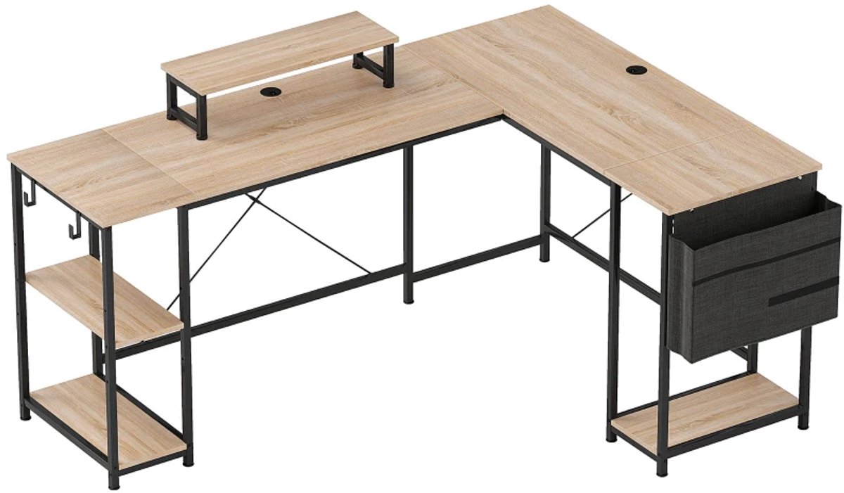 L-vormig Hoekbureau 168/240 cm – Omkeerbaar Computerbureau met Monitorstandaard, Opbergrekken, CPU-houder en Kabeldoorvoer – Naturel/Zwart