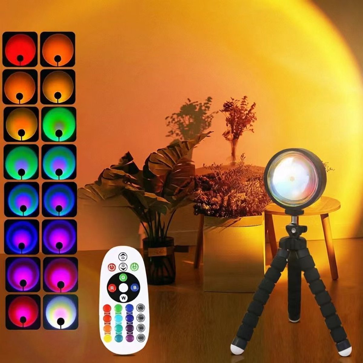 Namajunas - Zonlicht projectie lamp - 16 kleuren wisselend - Dimbare LED - Sfeervolle kamerdecoratie - Te bedienen met afstandsbediening - Slaapkamer sfeer lamp - Sunset lamp - Projector - Geschikt voor TikTok-lives, feestjes en fotografie