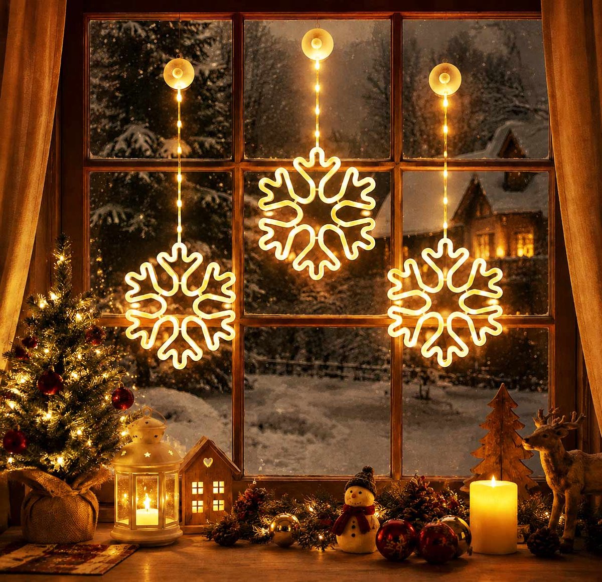 Meedeer LED kerstverlichting (Set van 3)-Kerst Raamverlichting-27.5cm hangende raamlamp met zuignap en haak-Kerstverlichting-voor kamer-tuin-balkon-Kerstmis-binnendecoratie (Warme kleuren)