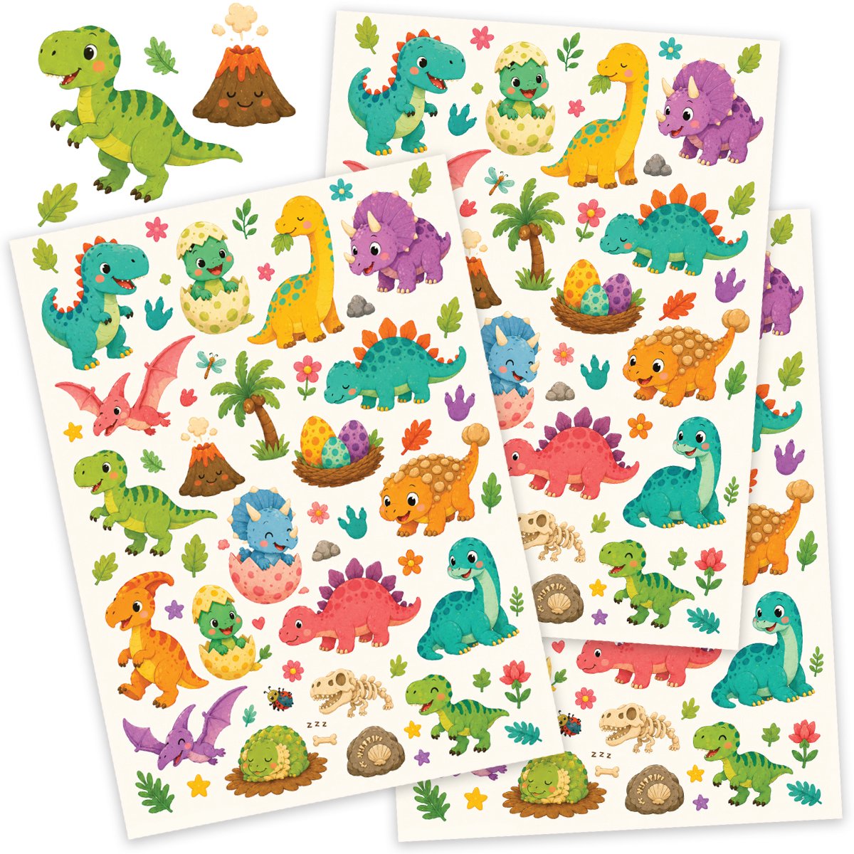 Dino Stickers - 3 Stickervellen - 186 Dinosaurus Stickers voor Knutselen met Kinderen