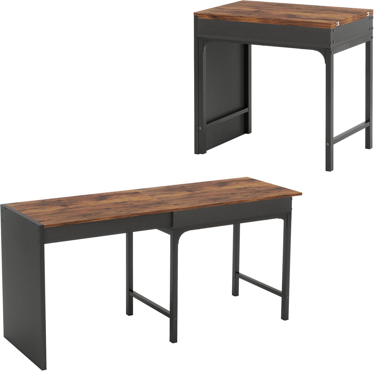 Puluomis - Eettafel - Uitschuifbaar tafelblad - 80-160 cm lang - Opberglades - Metalen poten - Houtkleurig tafelblad - Zwart