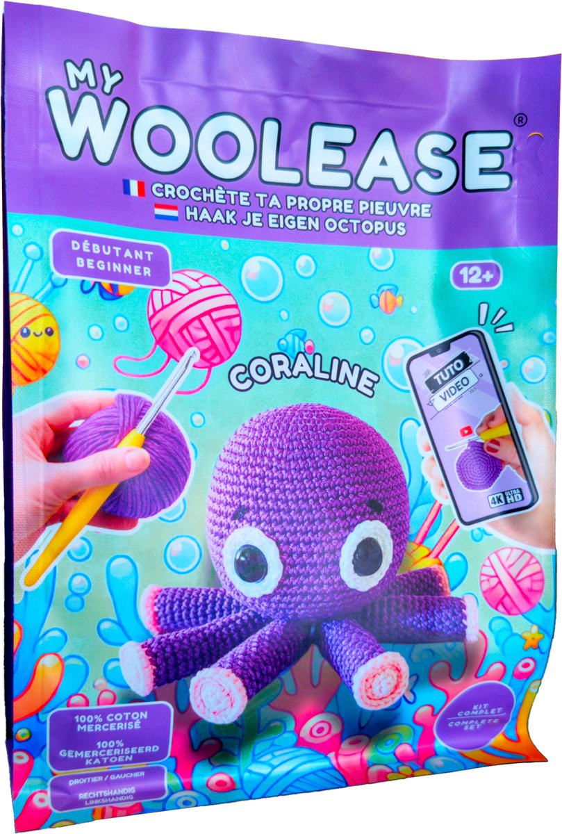 MY WOOLEASE - HAAKPAKKET - CROCHET KIT - CORALINE THE OCTOPUS - DIY - VANAF 12 JAAR OUD - GERONIMO GAMES