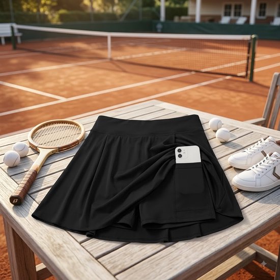 Zwart tennisrokje met shorts, hoge taille en zijvak voor telefoon, naast een tennisracket, ballen en schoenen op een tafel.