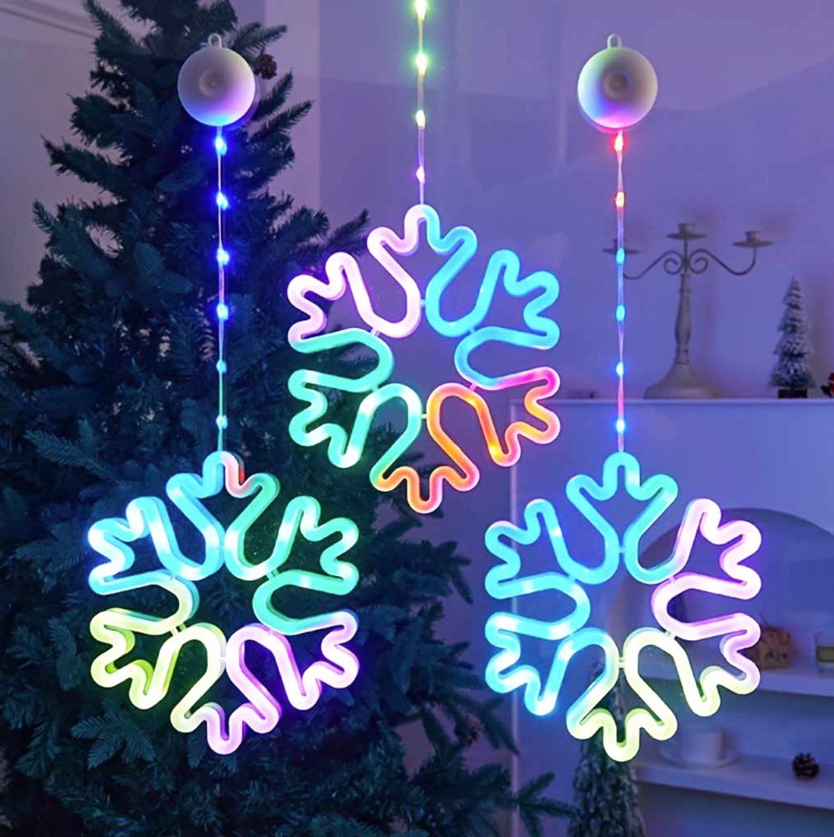 Meedeer LED kerstverlichting (Set van 3)-Kerst Raamverlichting-27.5cm Hangende raamlamp met zuignap en haak-Kerstverlichting-Voor kamer-tuin-balkon-Kerstmis-binnendecoratie (Kleurrijk)