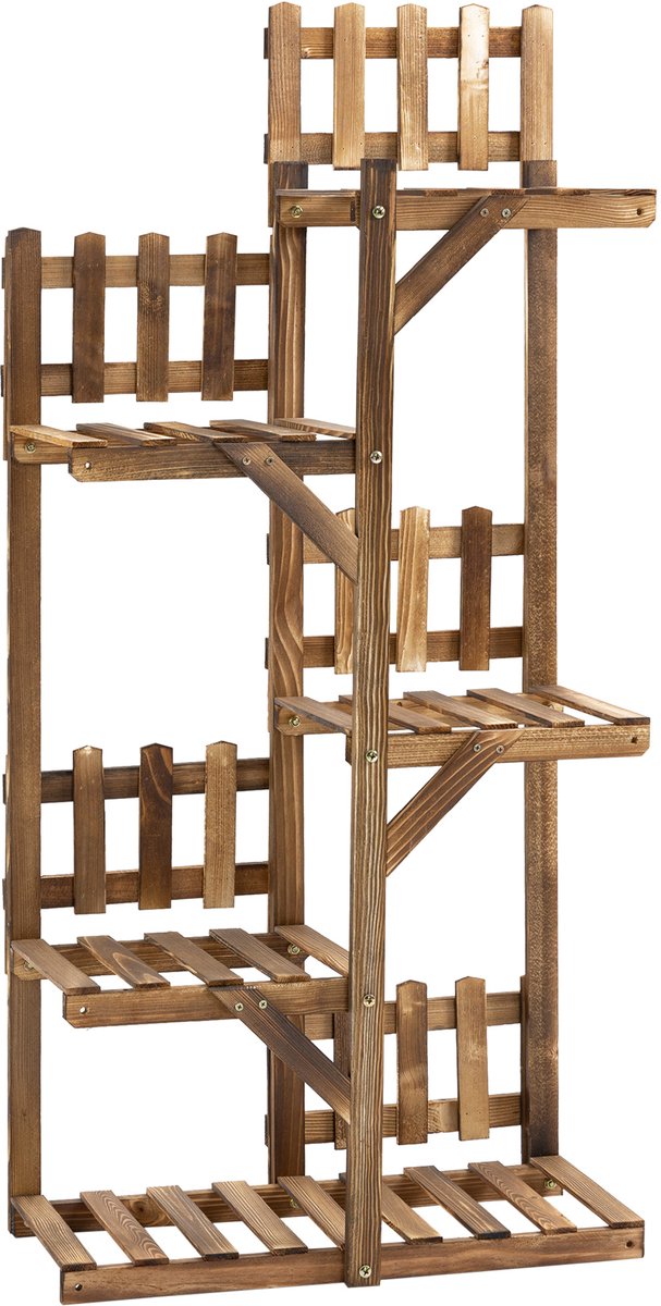 Bloemenrek van dennenhout - plantenhouder - 5 planken - ornament - kleine barrières - 60 x 30 x 130 cm - koolzuurbehandeld