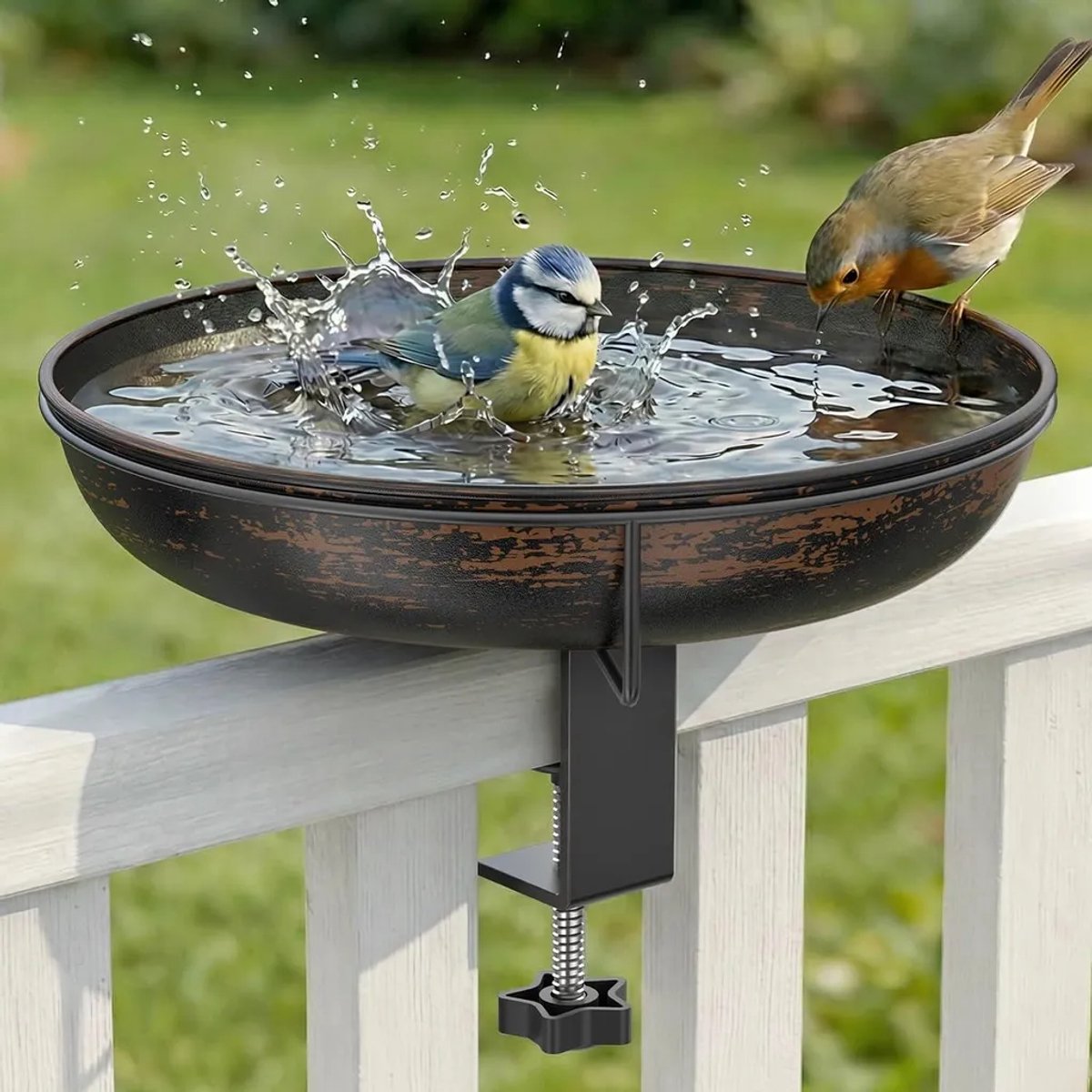 Hangend vogelbadje voor balkonrelingen, 30 cm, metaal, grote inhoud, vintage stijl, geschikt voor wilde vogels, warm en gezellig, kan gebruikt worden als voederbak en waterbak, vintage bronskleur.