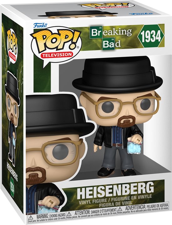 Figurine Funko Pop! Television Breaking Bad Heisenberg en boîte. Porte un chapeau, des lunettes et un sac de cristaux bleus.