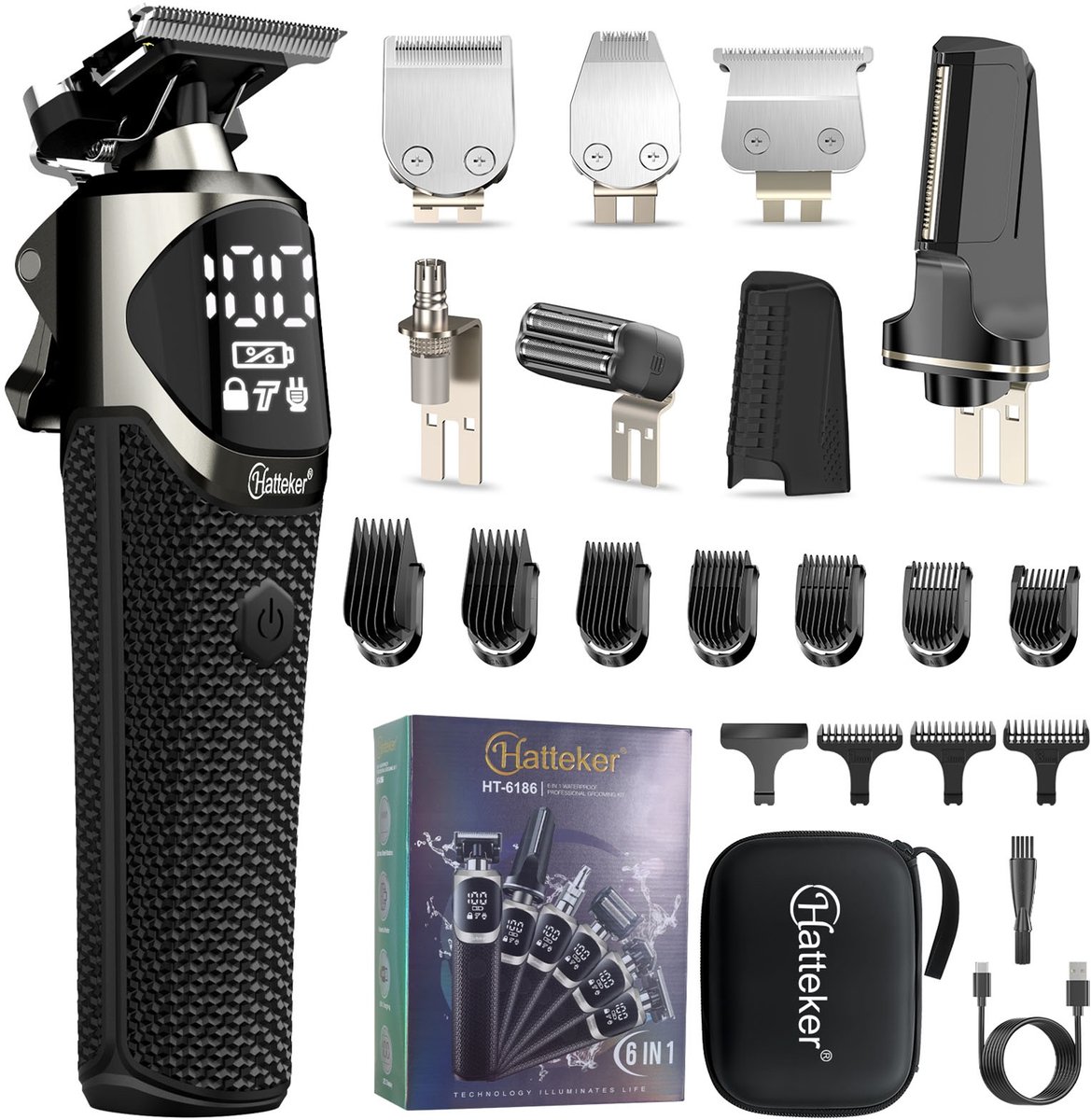 HATTEKER 6-in-1 Multigroomer voor Heren – Tondeuse, Baardtrimmer, Scheerapparaat, Neushaartrimmer en Bodygroomer – IPX6