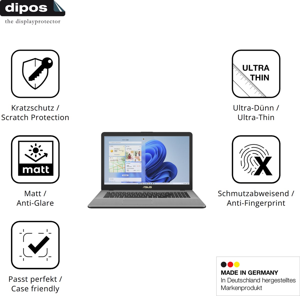 dipos – 2x Matte Beschermfolie geschikt voor Asus Vivobook 17 X705 | Krasbestendige & antireflecterende Screenprotector Ultra-Thin
