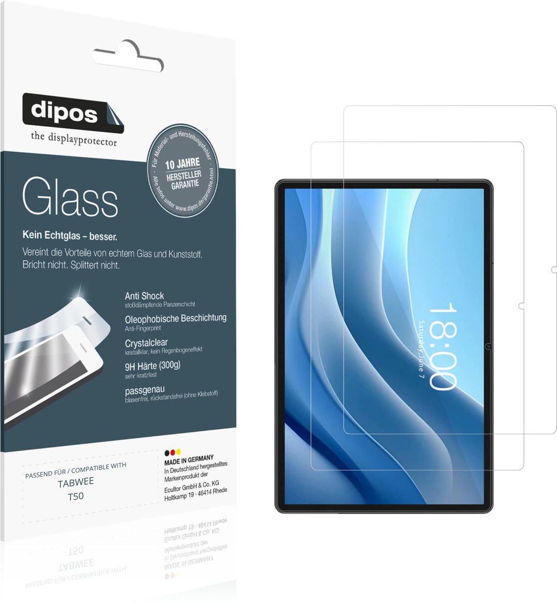 dipos – 2x Pantserfolie geschikt voor TABWEE T50 | 9H Screenprotector