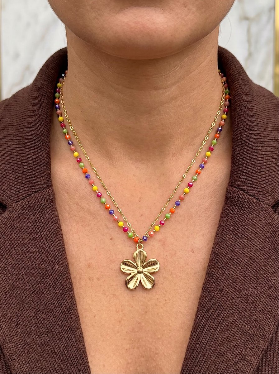 Anelplus Gouden Damesketting met Kleurrijke Kralen en Bloemhanger – Trendy Ketting – Verstelbaar – Cadeau voor Vrouwen