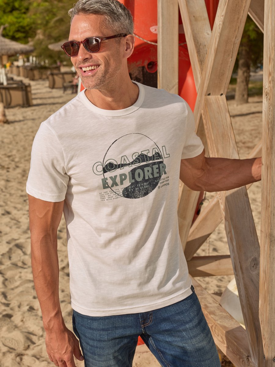 LERROS T-shirt met print op de borst en ronde hals , Maat: XL , Kleur: BROKEN WHITE , 100% katoen