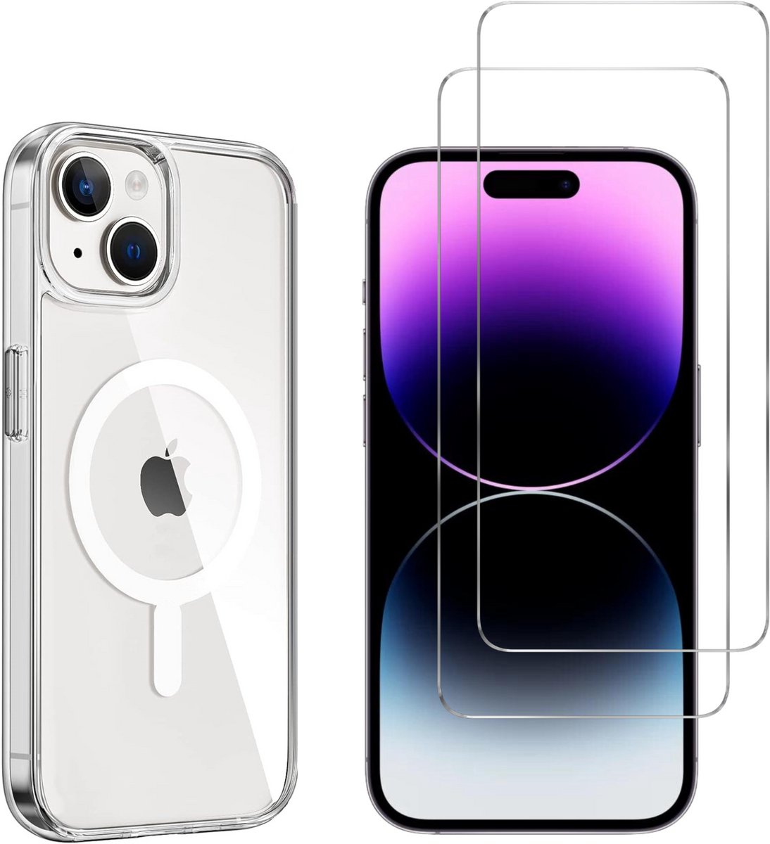 iPhone 15 Hoesje backcover Shockproof siliconen Transparant met geïntegreerde magnetische cirkel en 2 stuks Screenprotector Gehard Glas