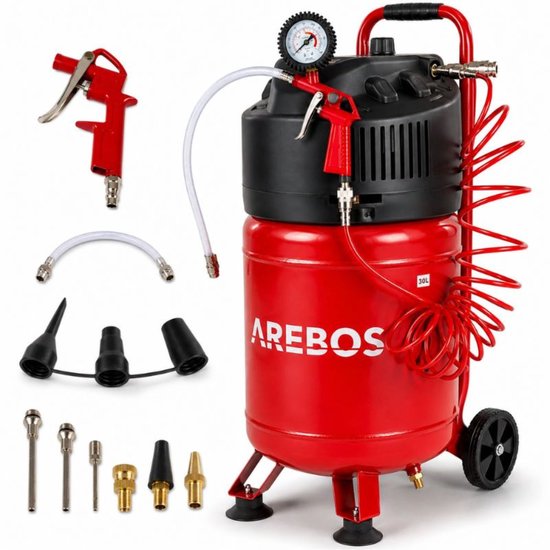Rode, staande olievrije luchtcompressor van 30 L met toebehoren, waaronder een spuitpistool, opzetstukken en adapters.