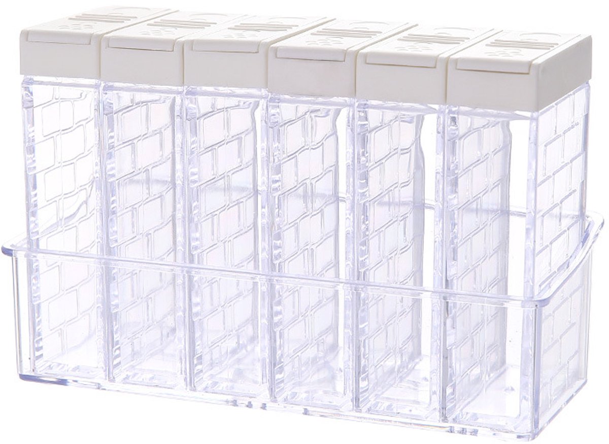 6-delige plastic kruidencontainer met dispenser, reiskruidendoos met 2-in-1 deksel, gekoeld kruidenset voor het bewaren van specerijen, zout en peper, transparant, ivoorwit