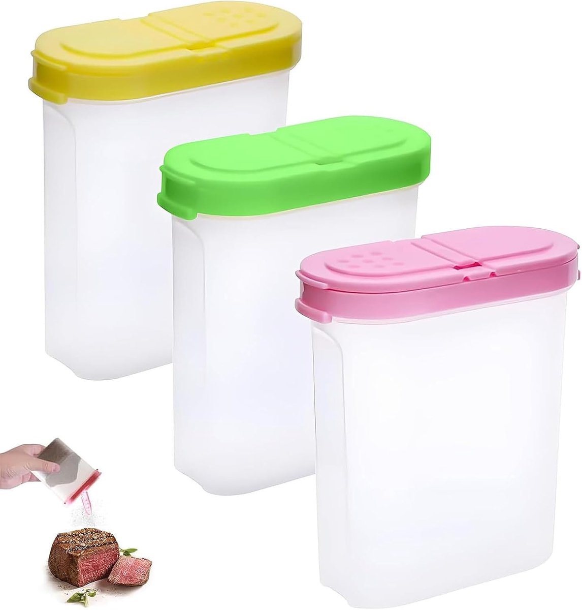 Een driedelige kruidenpotjesset, bestaande uit een plastic kruidendoosje, een transparant kruidenpotje en een vierkant kruidendoosje met twee deksels, voor het bewaren van specerijen zoals zout, suiker en peper.