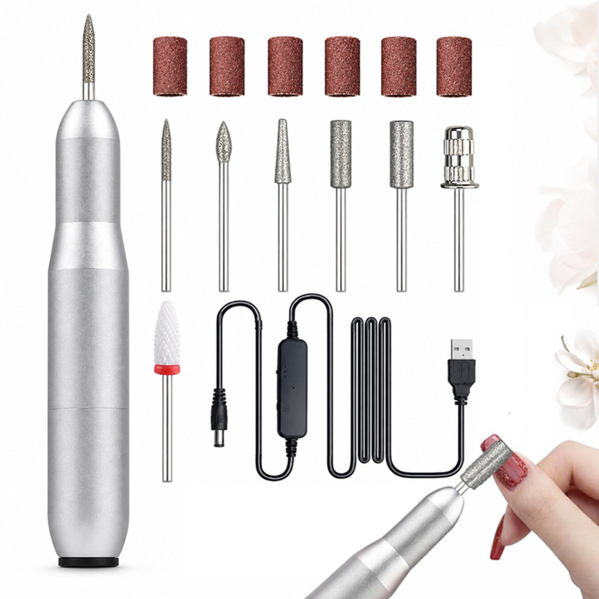 VHV-Elektrische nagelvijl - Instelbaar tot 20.000 rpm - Twee draairichtingen - Compacte nagelfrees voor manicure en pedicure - Voor gel-, acryl- en natuurlijke nagels - Met USB-kabel - Inclusief 7 slijpkoppen - Zilver
