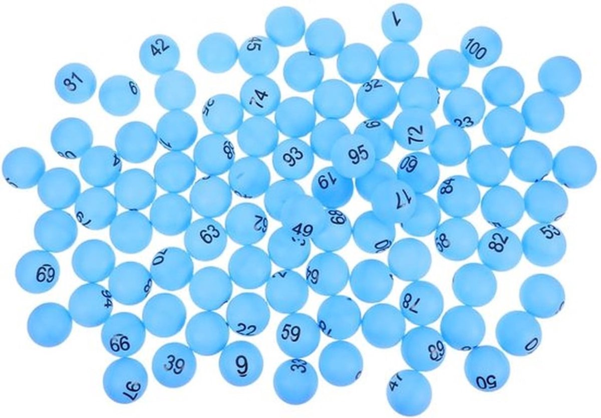 Loterieballen 100 stuks - Genummerde Pongballen - Milieuvriendelijke Kunststof - Voor Tombola/Bingospel - Felblauw - Duidelijk Leesbare Cijfers