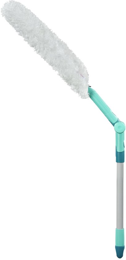 Plumeau blanc et duveteux avec un manche flexible turquoise et une rallonge.