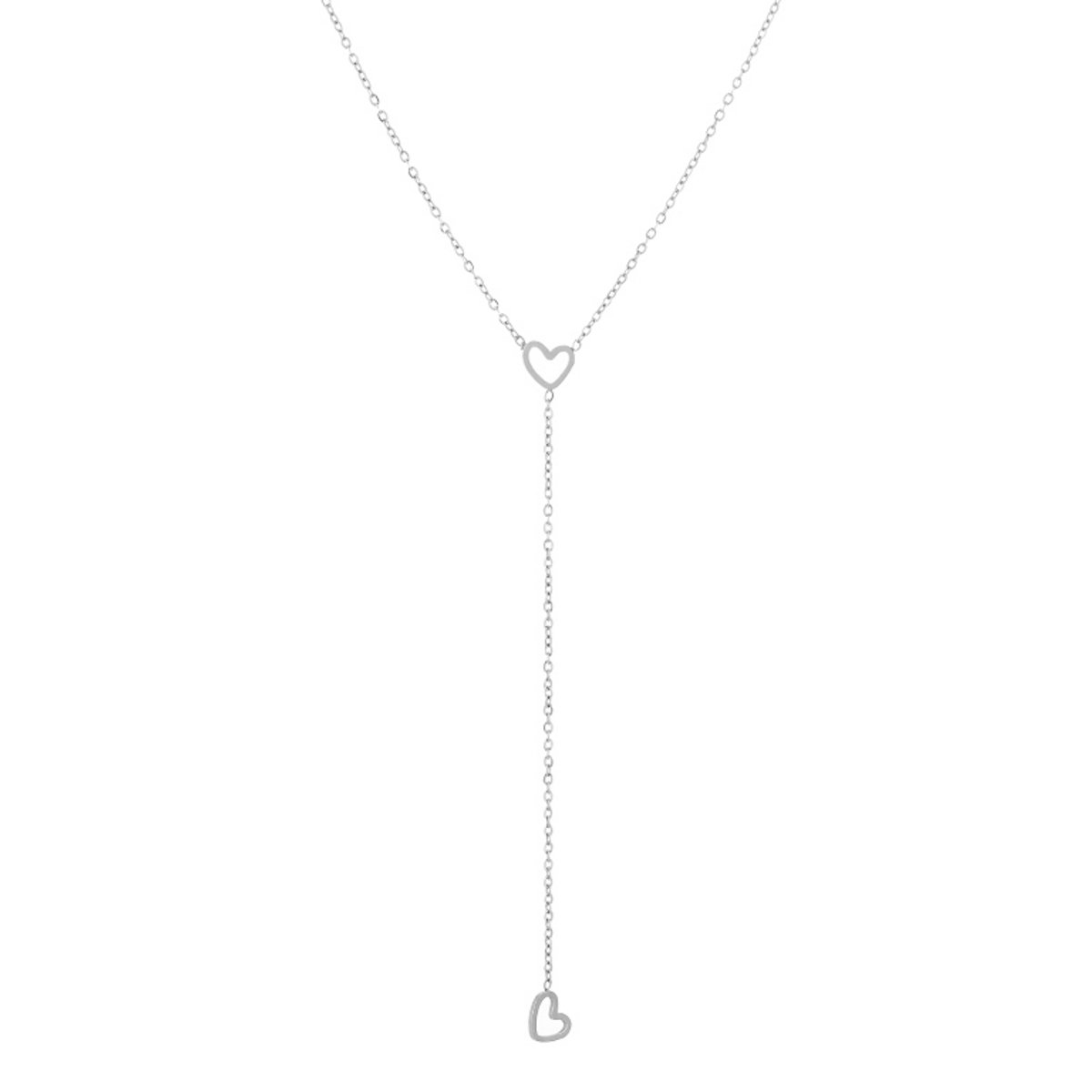 Fijne Roestvrijstalen Y-Ketting met Subtiele Hartenhangers - Dames Sieraad - Zilver