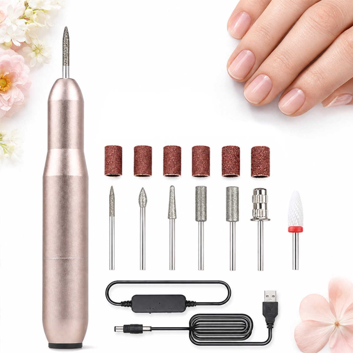 VHV-Elektrische nagelvijl - Instelbaar tot 20.000 rpm - Twee draairichtingen - Compacte nagelfrees voor manicure en pedicure - Voor gel-, acryl- en natuurlijke nagels - Met USB-kabel - Inclusief 7 slijpkoppen - Goud