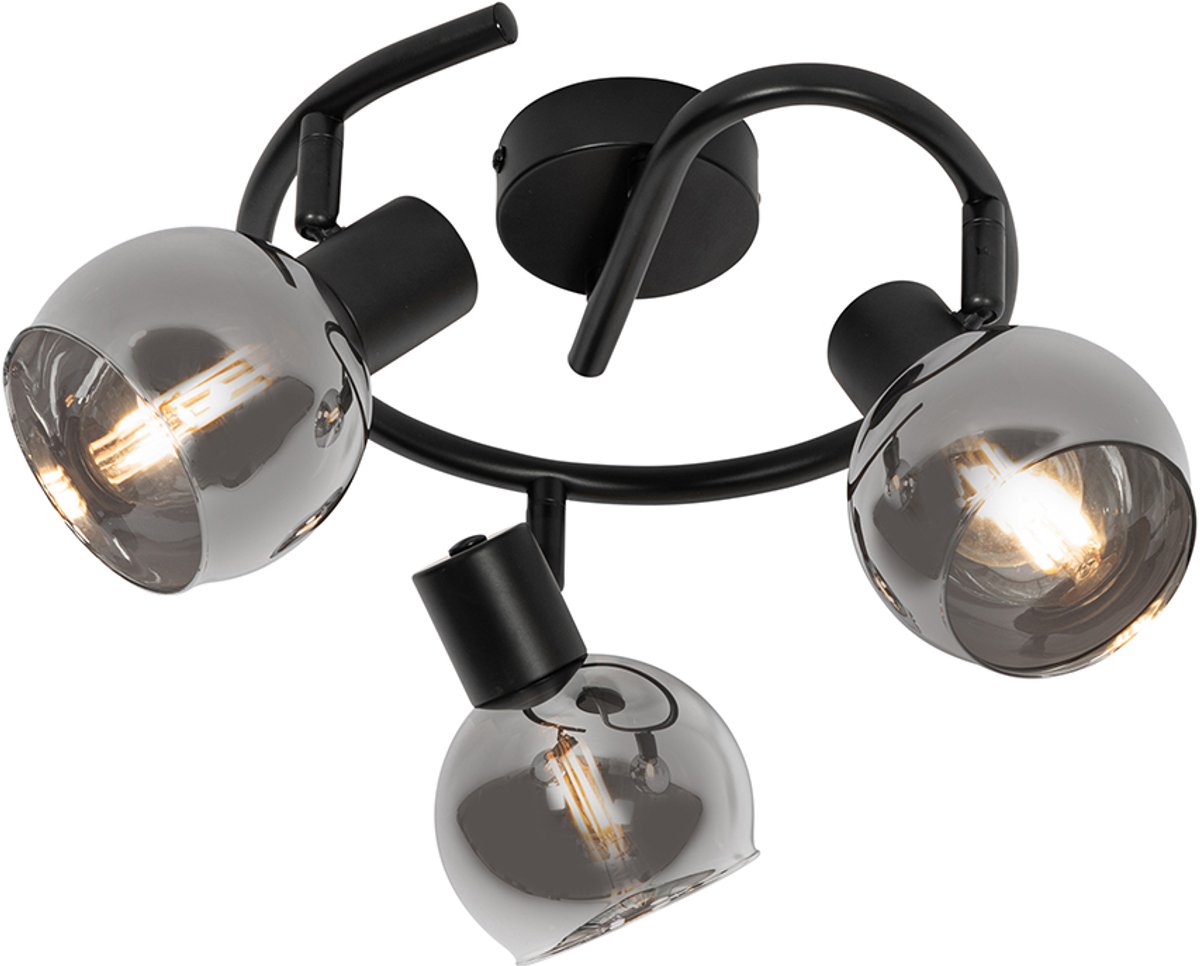 Qazqa smart led verstelbare spot, plafondspot - Vidro Smart - zwart met rookglas , incl. 4.2W ledlamp, 2700K - 6500K, dimbaar, 39cm, rond, 3-lichts,