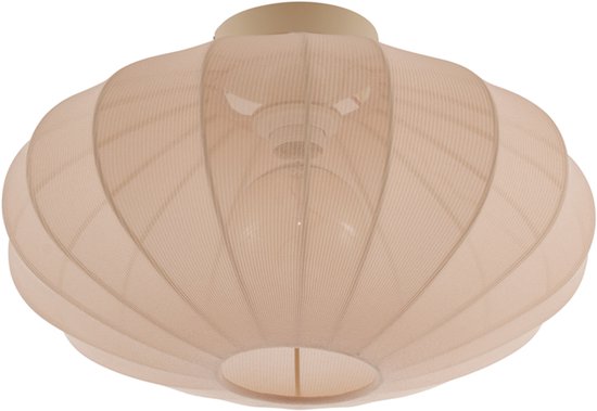 Beige, ovale lampenkap met een geribd patroon en een open bodem.