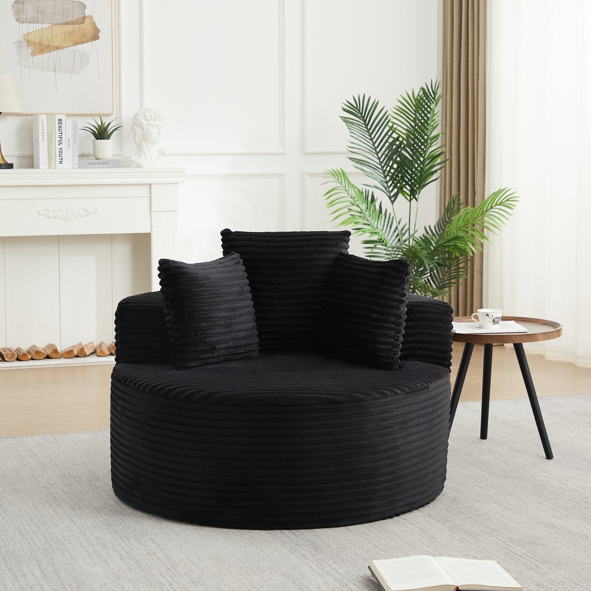 MODFU - Fauteuil - Rond - Cord - Zwart - 110 Cm - 3 Sierkussens