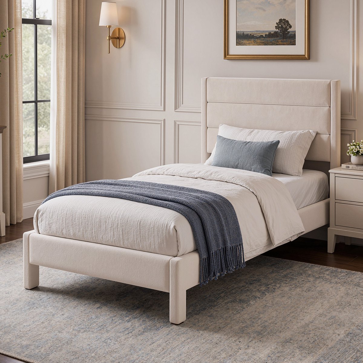 KUTAS Eenpersoonsbed 90 x 200 cm - Gestoffeerd Bedframe - Metalen Frame - Houten Lattenbodem - 300 kg Draagvermogen - Beige
