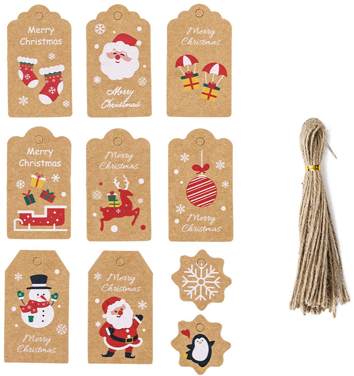 50 Stuks Kerst Hanglabels – 10 Patronen – Kraftpapier – Inclusief Touw – Cadeaulabels & Kerstboom Decoratie