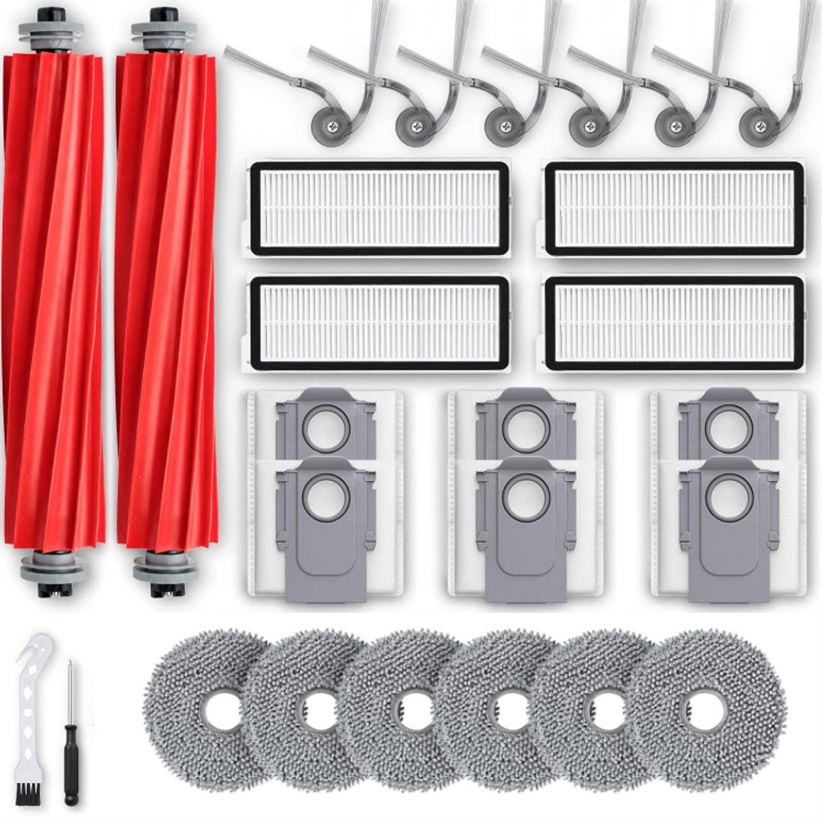 26-delige accessoires geschikt voor Roborock QV 35A/QV 35S/QREVO L/QR798/QR598 robotstofzuiger - 2 hoofdborstels, 4 HEPA-filters, 6 dweilpads, 6 zijborstels, 6 stofzakken, 1 schroevendraaier, 1 reinigingstool