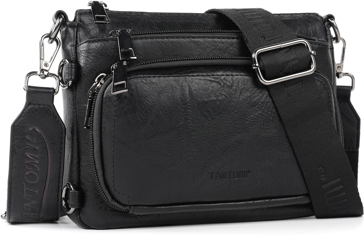 TANTOMI - Schoudertas dames - Crossbody tas - met met verstelbare en afneembare brede Schouderband - met meerdere ritsvakken - kleine schoudertas - Zwart