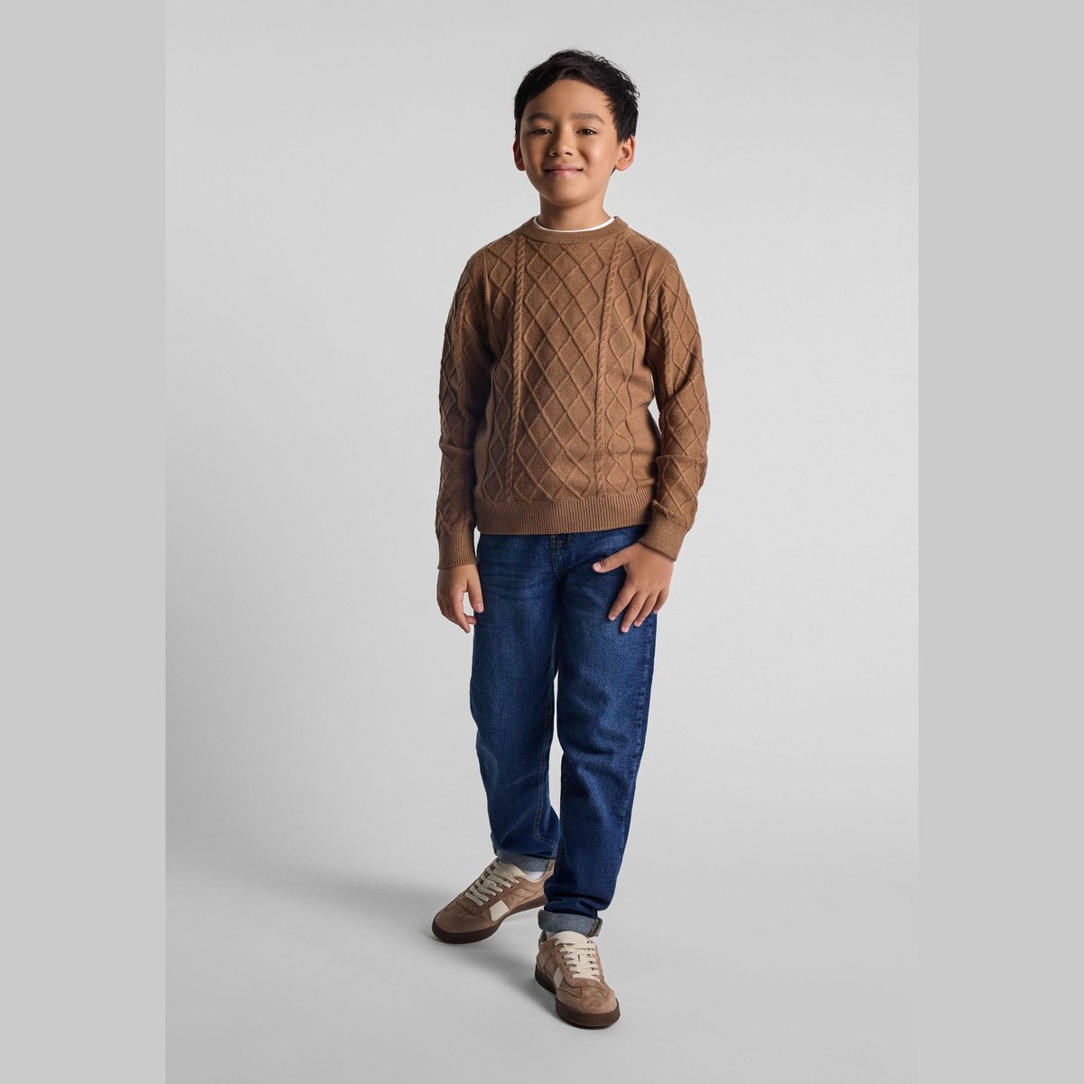 Minoti trui jongens gebreid kabelpatroon - viscose - bruin