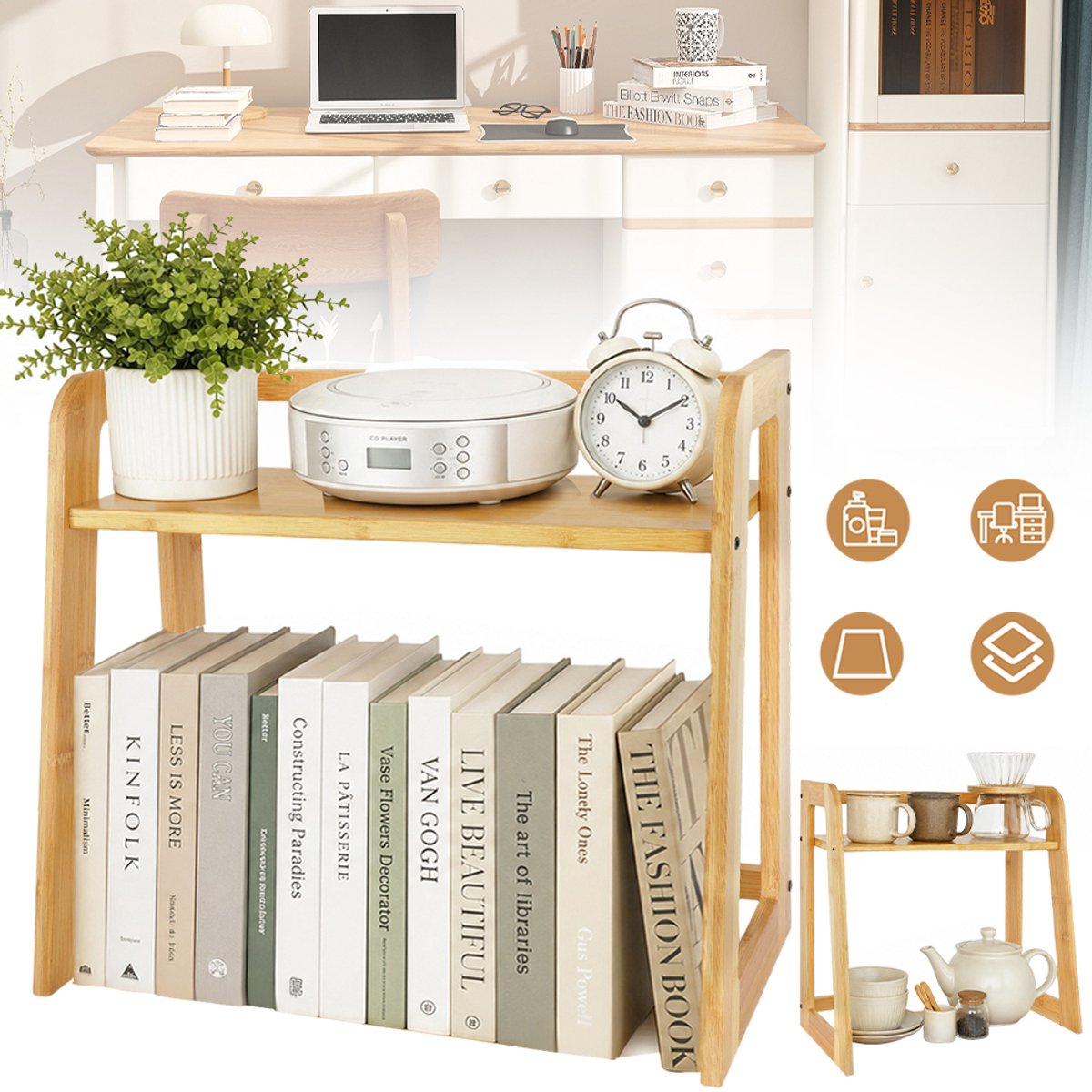2-Laags Houten Bureau-Opbergrek Met Kliksysteem - Compacte Bureau-Organizer Voor Kantoor En Thuis, Geschikt Voor Bekers En Schrijfwaren - Schoolspullen - Bruin