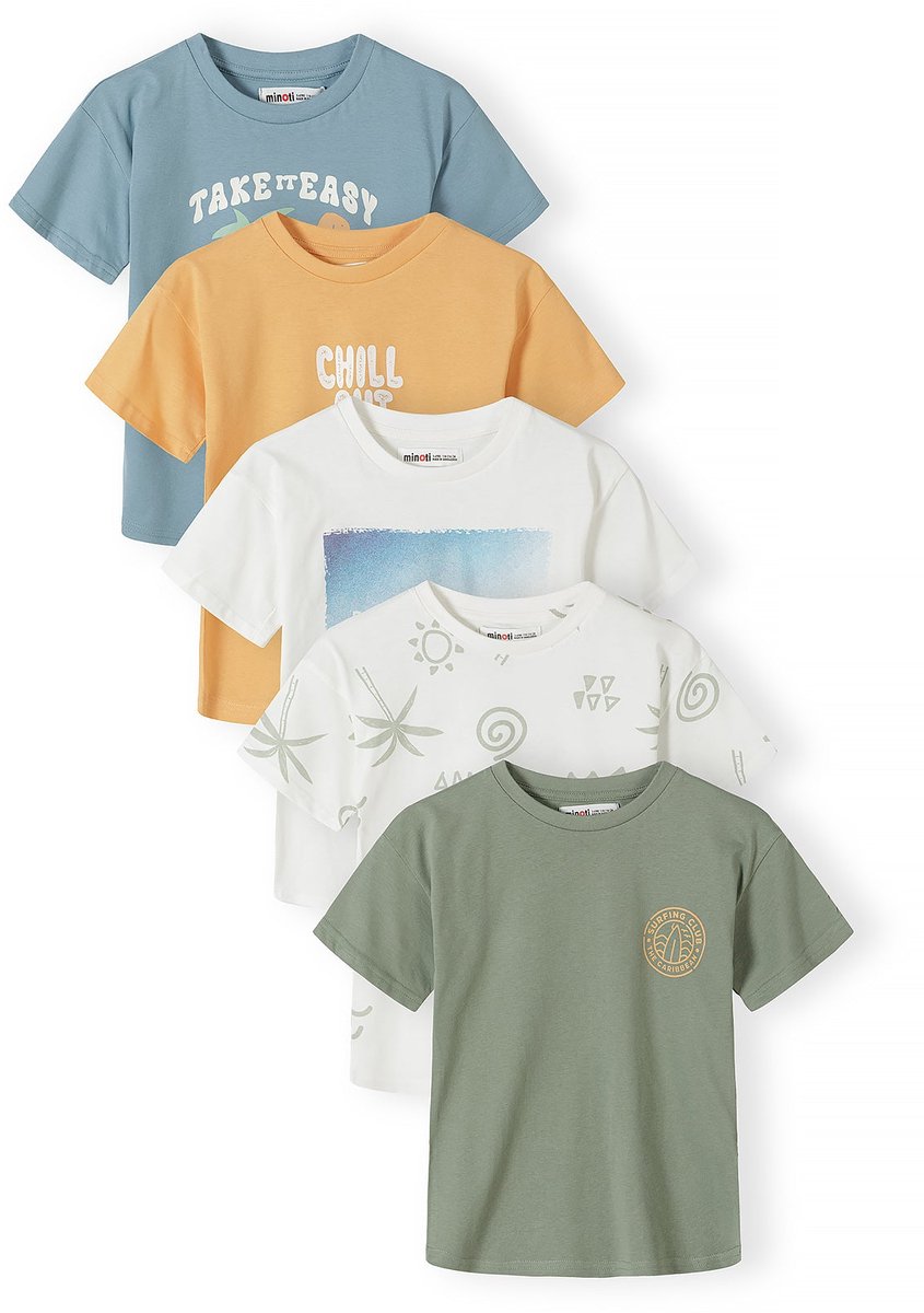 Minoti jongens t-shirt 5-pack surf print - 100% katoen - blauw