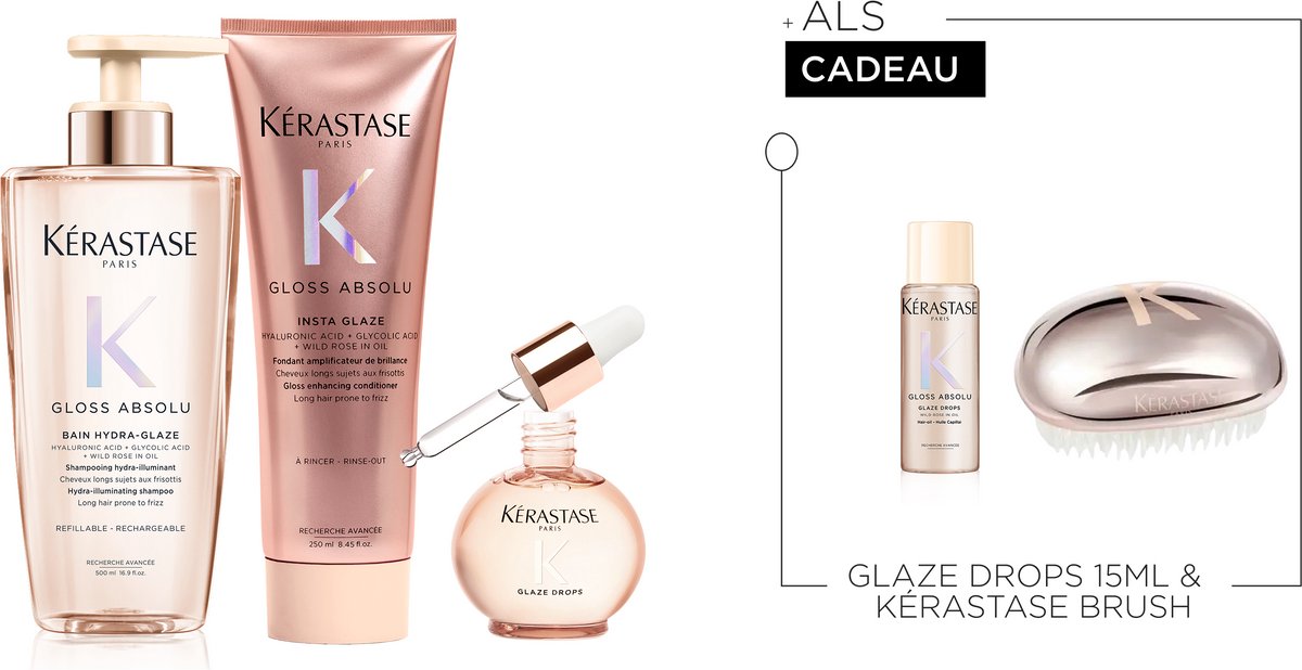 Kérastase Gloss Absolu Anti-Frizz Trio + 2 Cadeau's - Shampoo 500ml, Conditioner 250ml & Glaze Drops 45ml + Glaze Drops 15ml & Kérastase brush cadeau - Voor Lang Haar Gevoelig voor Pluis