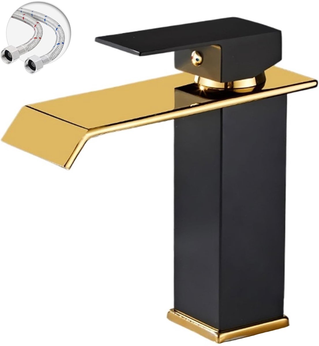 KZQ Waterkraan Badkamer Wastafelkraan Modern Badkamerkraan Wastafelmengkraan Waterval Badkamer Kraan Eengreepsmengkraan Warm En Koud Verstelbare Wastafelarmatuur - Laag Model - Zwart Goud Recht - Incl G3/8 Slangen