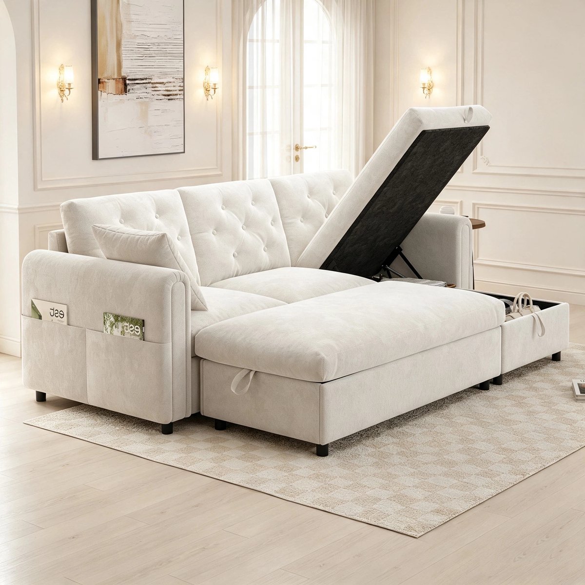 Moderne Hoekbank, L-Bank, 3-Zitsbank, Moderne Fluwelen Bank Met Chaise Longue En Voetenbank, Beide Met Opbergruimte. De Chaise Longue Kan Zowel Links Als Rechts Worden Geplaatst. Armleuningen Met Tijdschriftenvakken -Beige