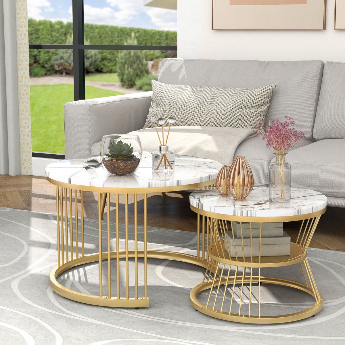 Salontafel set van 2, ronde koffietafel en bijzettafel met marmerlook design, moderne woonkamer tafel met metalen frame, MDF blad, wit