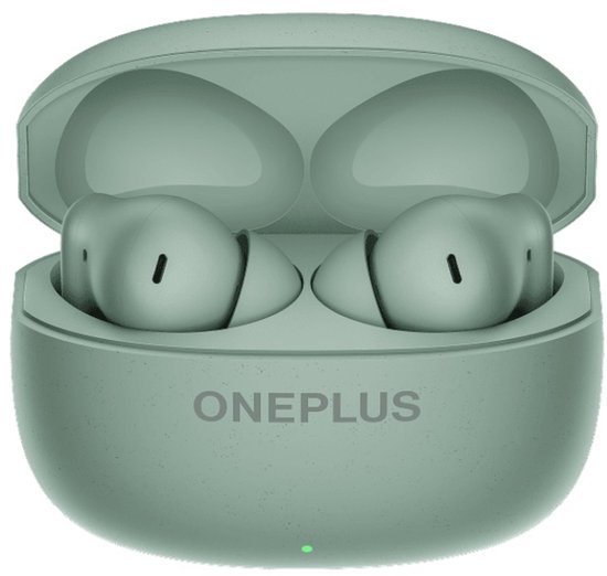 Lichtgroene OnePlus Nord Buds in open laadcase. ONEPLUS logo op laadcase.