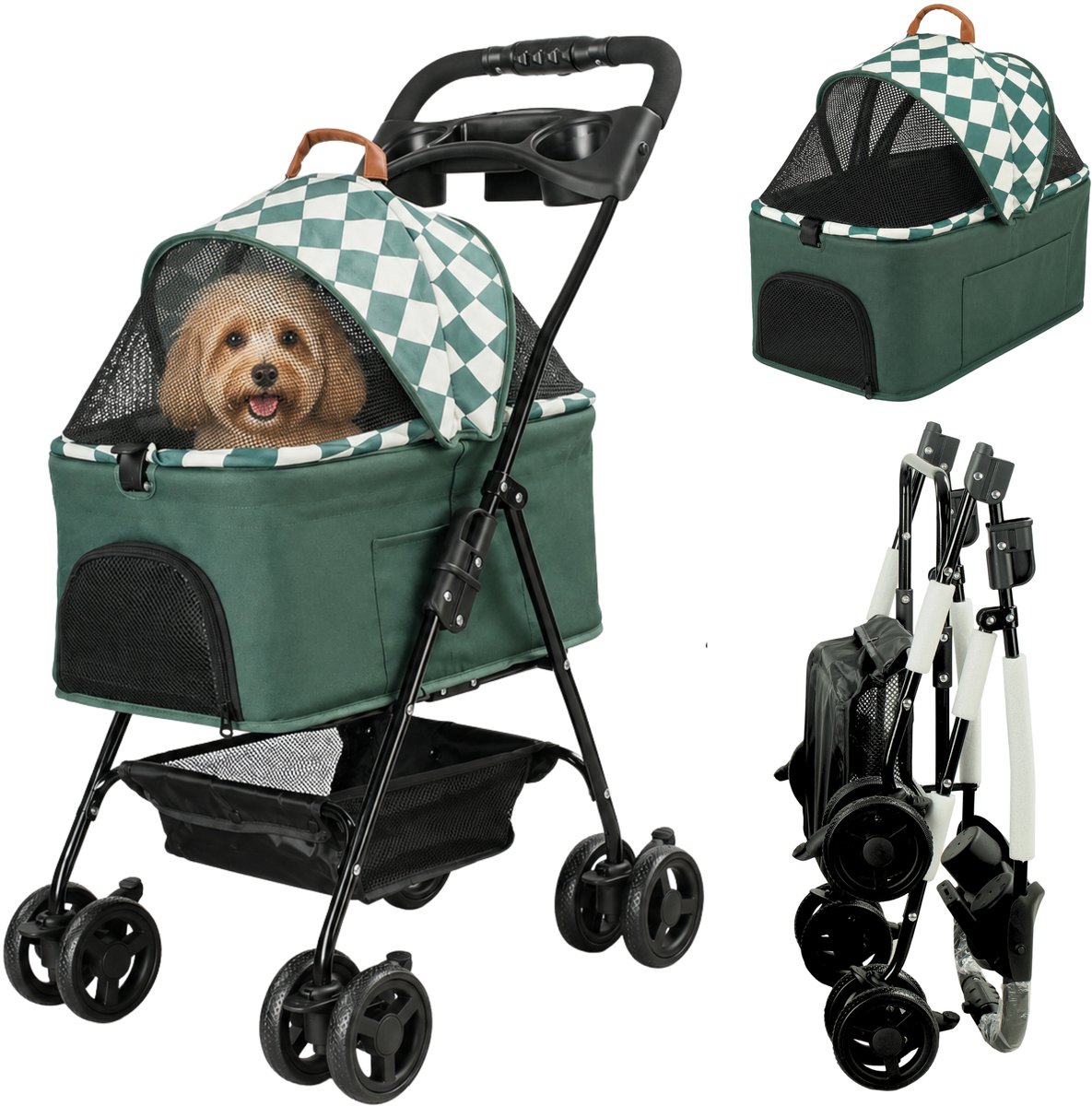 HiPet Bello Hondenbuggy Groen – Inklapbaar – 4 Wielen – Tot 15 kg – Voor Middelgrote en Grote Honden