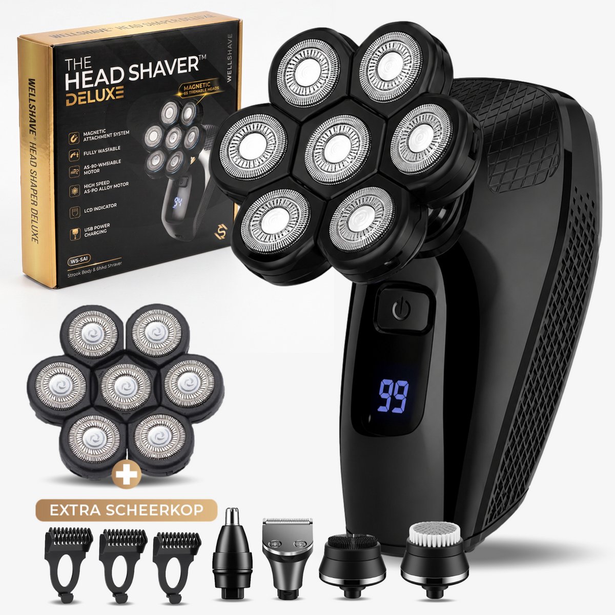 Bol.com Wellshave 5 in 1 Scheerapparaat Mannen + Extra Scheerkop - Gezicht en Hoofd Trimmer - Head Shaver - Nat & Droog Shaver -... aanbieding