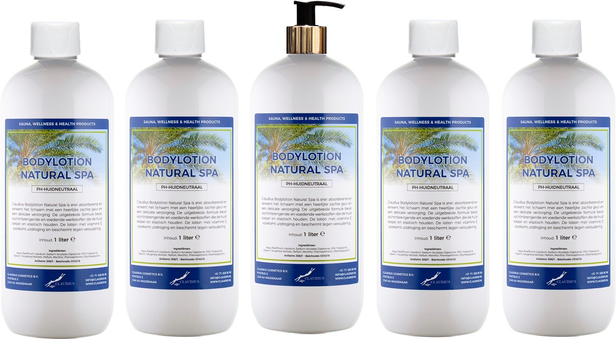 Bodylotion Natural Spa 1 Liter - met gouden pomp - set van 5 stuks - Voordeelverpakking