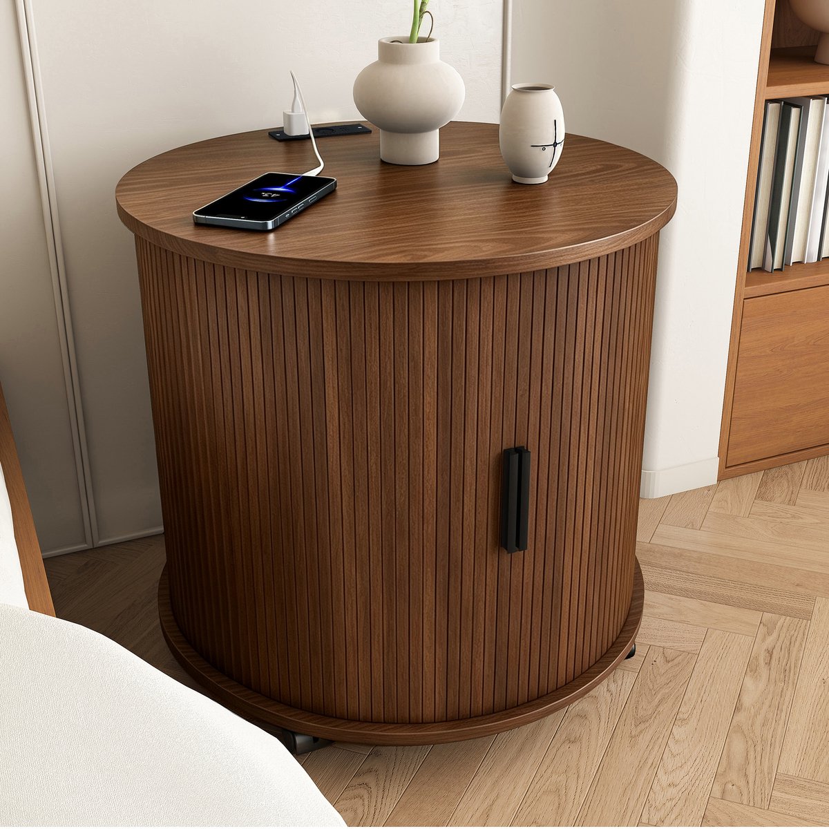 Mid-Century Nachttafel met Ladestation Rollen - Elegante Walnuss Optiek - 60x60x60 cm