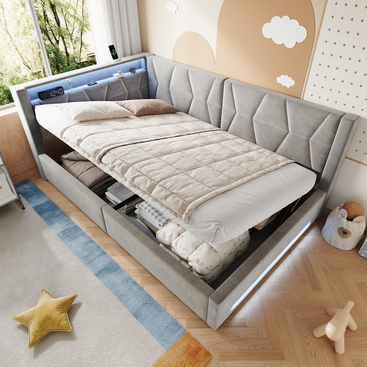 Gestoffeerd Bed 140x200 cm - Velvet Bed Met Opbergruimte - LED Verlichting - USB Type-C - Hydraulisch Bedframe