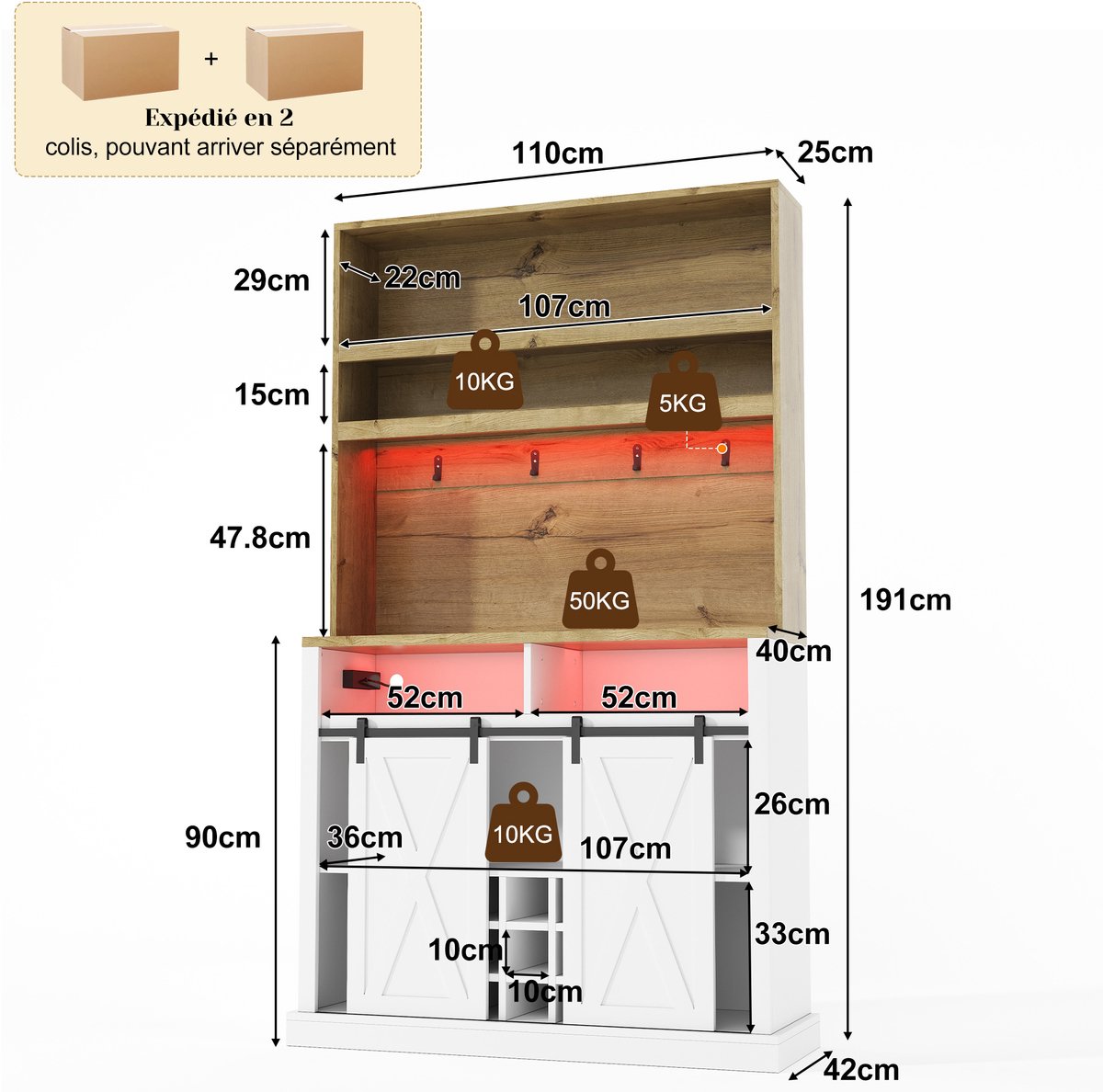 High-End Küchenschrank met LED Verlichting en USB - Natural+White - 191 cm