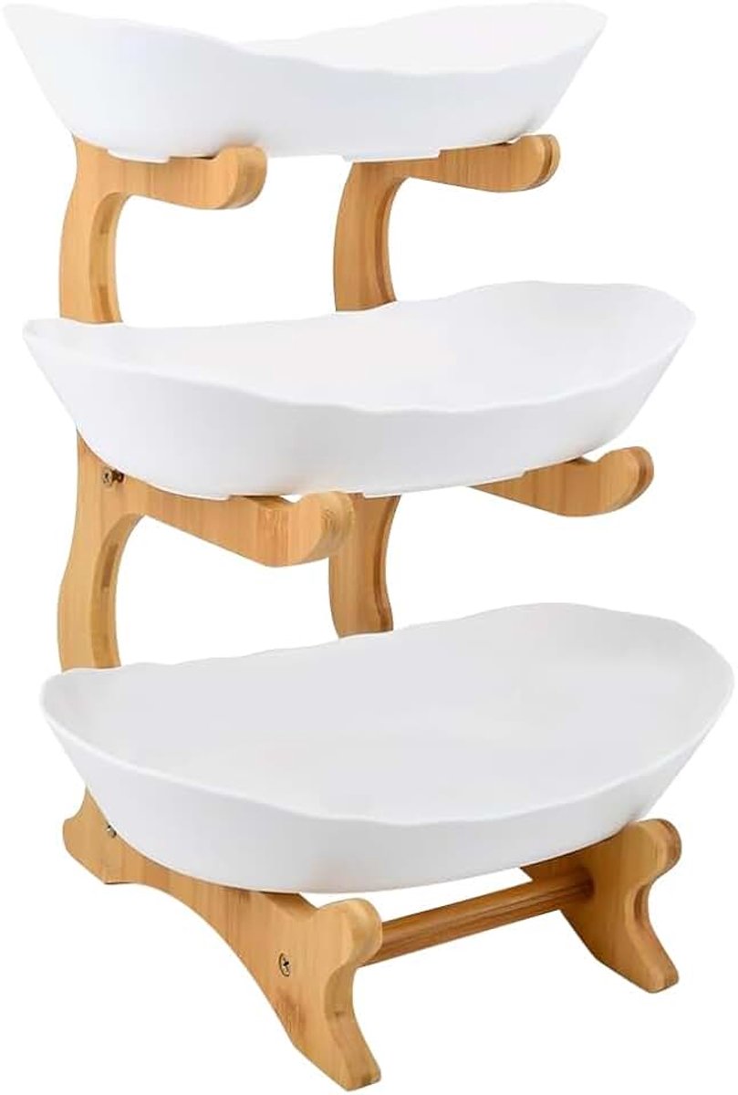 Fruitstandaard, keramische fruitmand met stevige houten standaard, serveerschalen voor taarten, fruit en dessert, decoratie, fruitschaal, 14 x 22,5 x 32 cm, wit